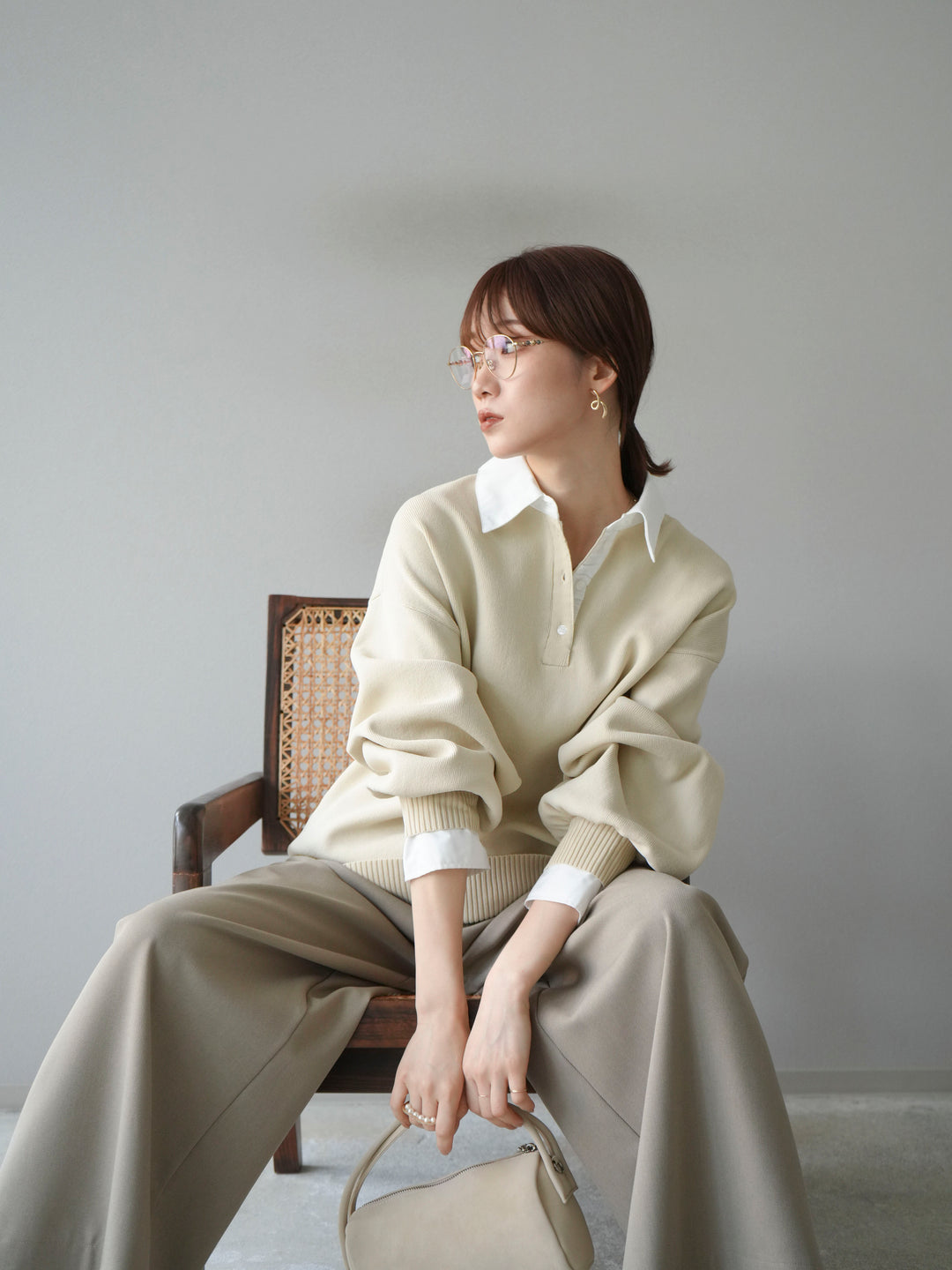 【SET】翻領polo針織套衫+雙褶闊腿褲（2件組）