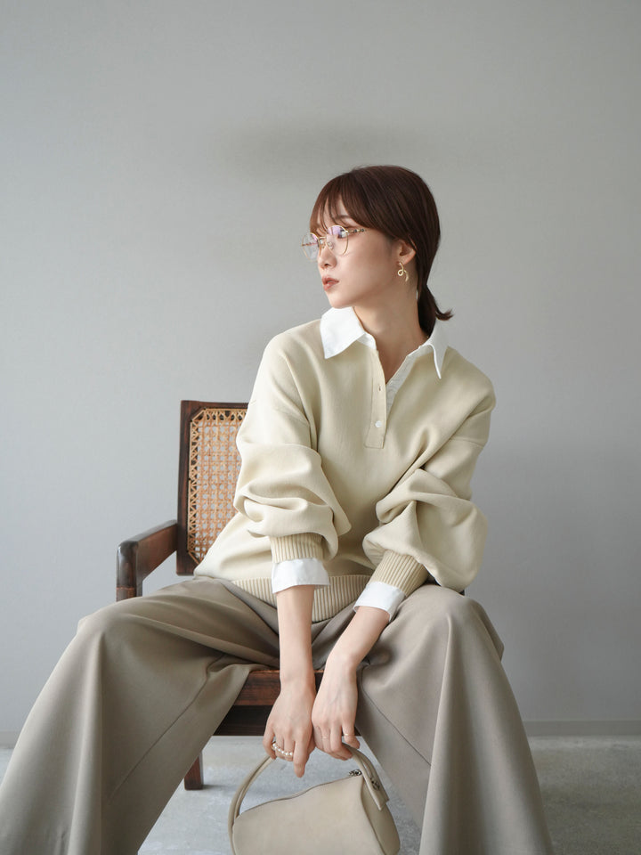 【SET】翻領polo針織套衫+雙褶闊腿褲（2件組）