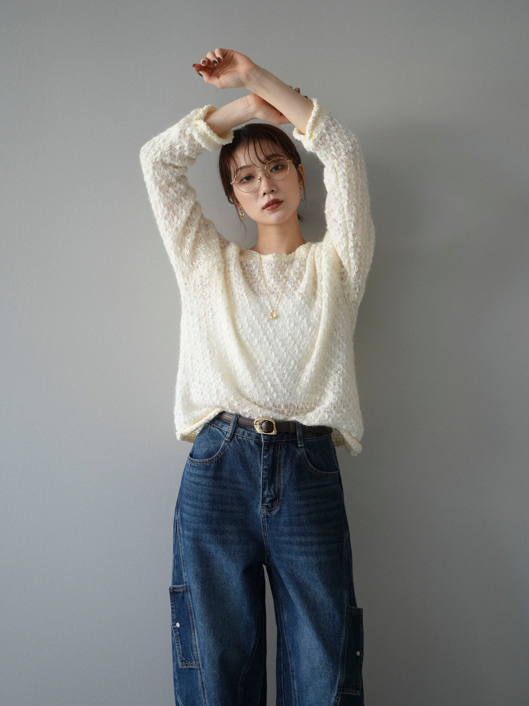 [予約]透かし編みモヘアタッチポコポコニットプルオーバー/ivory