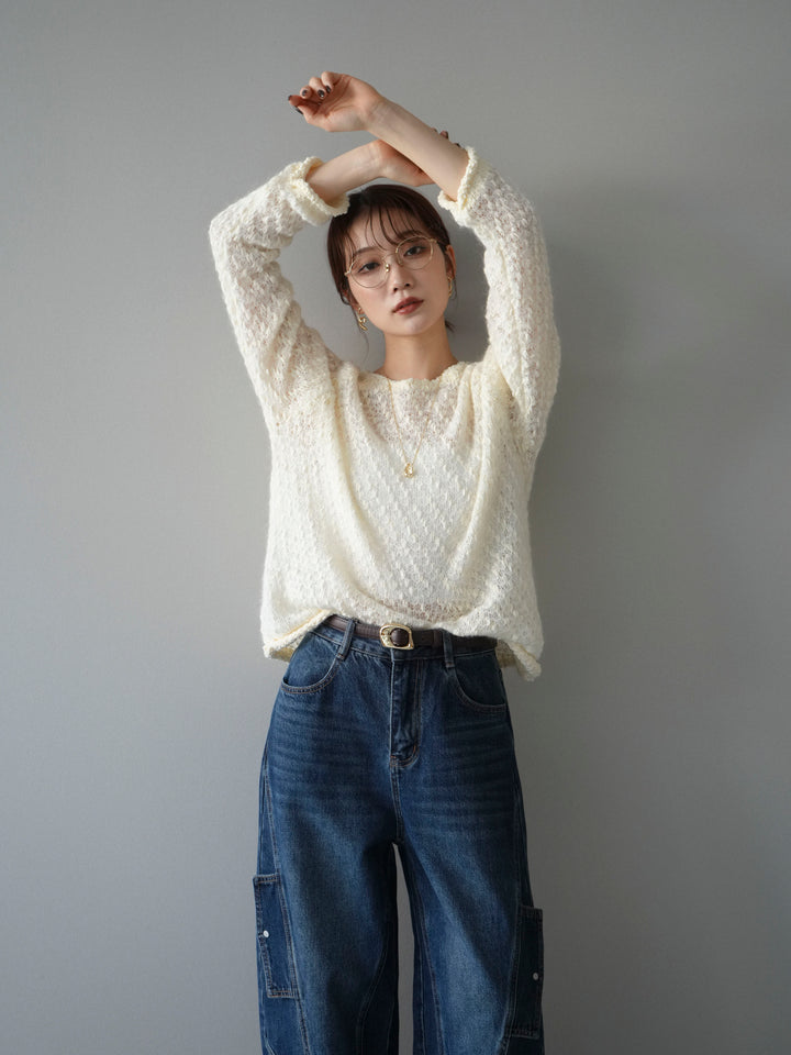 [予約]透かし編みモヘアタッチポコポコニットプルオーバー/ivory