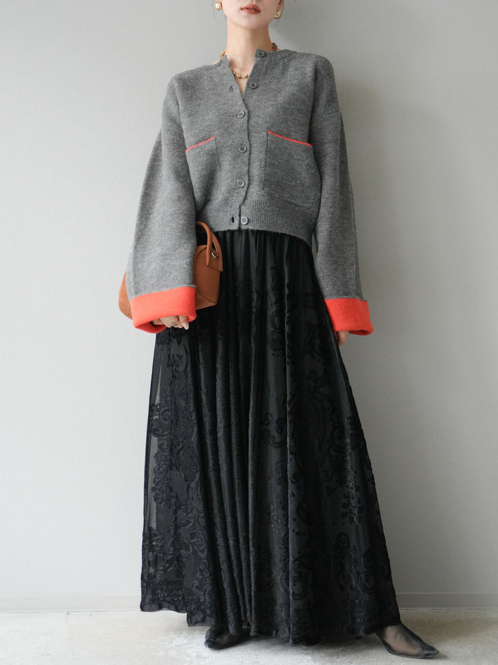 [SET]バイカラーオーバーニットカーディガン+アンティーク柄フロッキーマキシスカート(2set)
