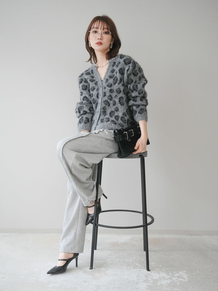 [予約]モヘアタッチレオパード柄ニットカーディガン/gray