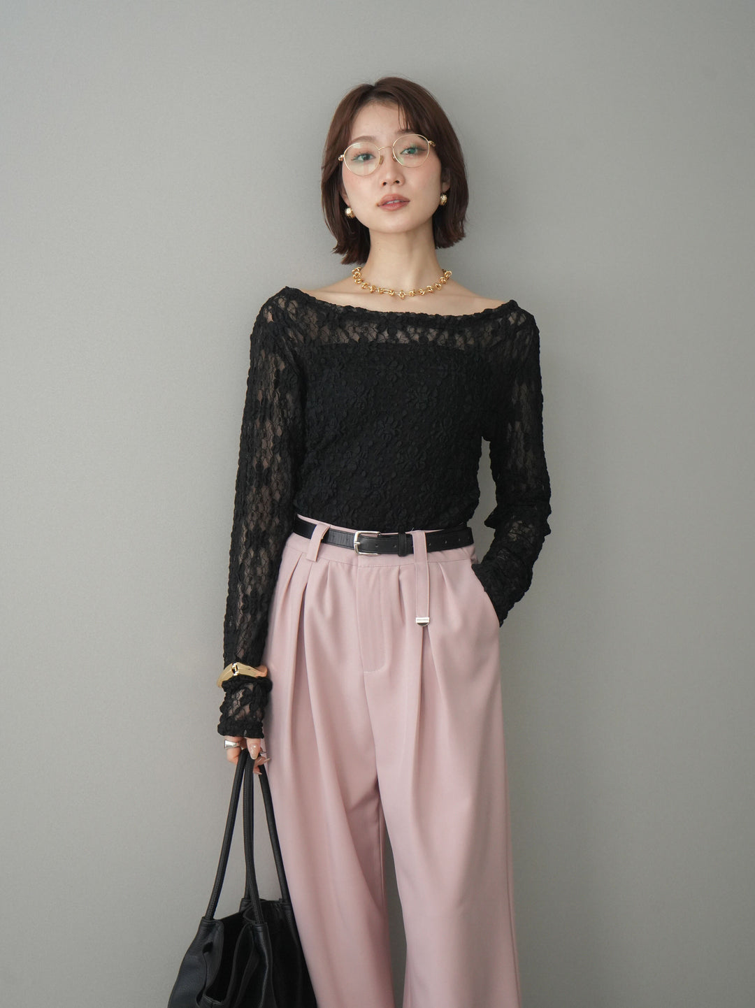 [予約]サイドギャザーレーストップス/black