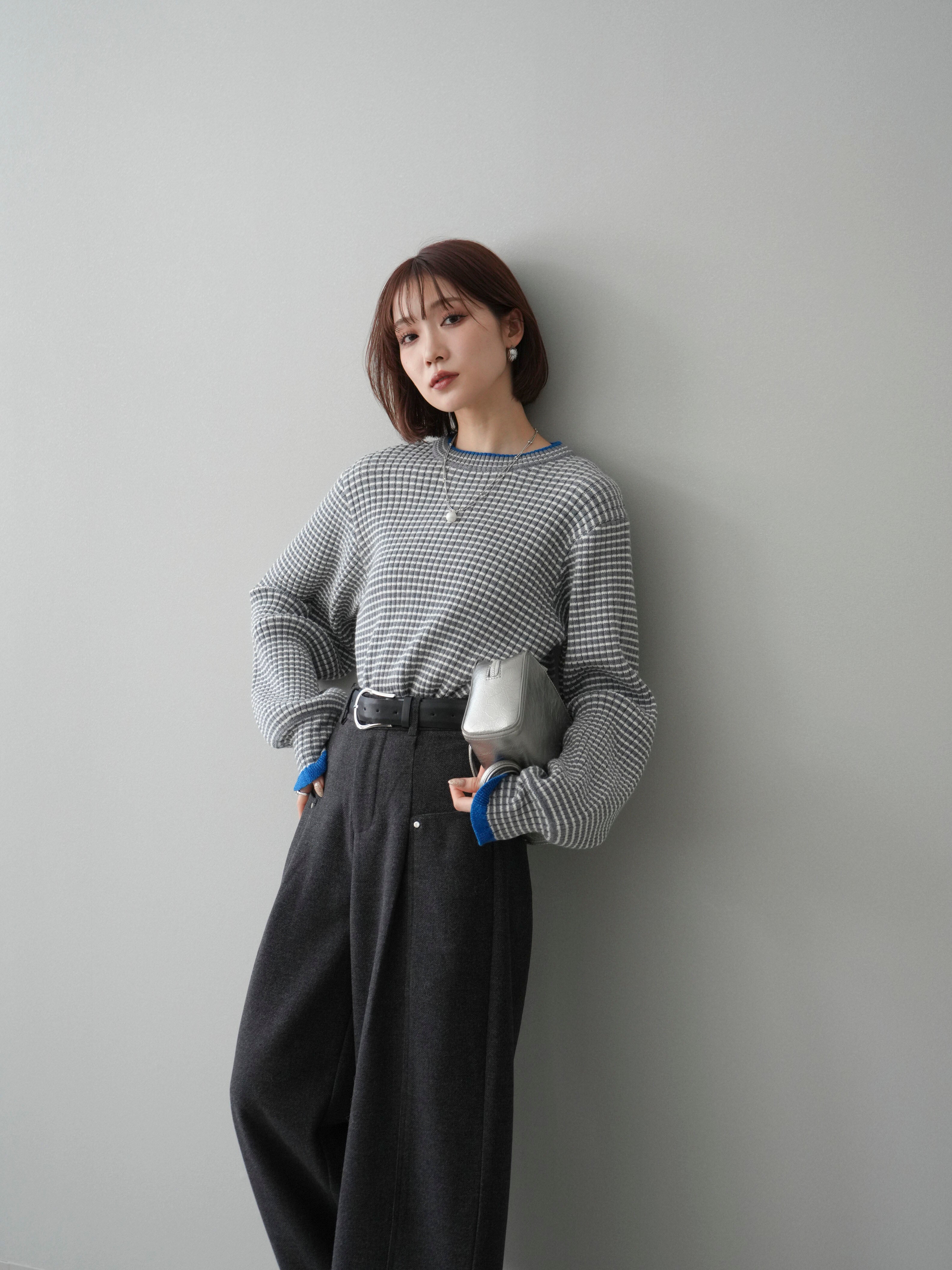 予約]ラメ異素材ボーダーリブニットプルオーバー/charcoal×blue – Lumier