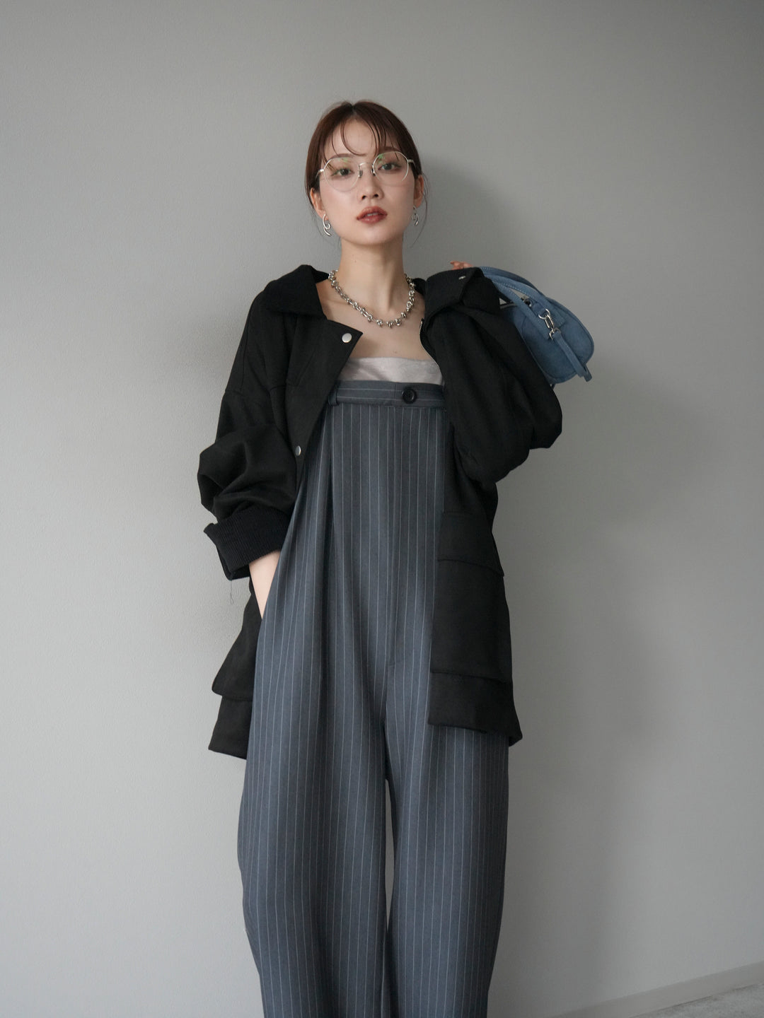 [予約]サテン切替ピンストライプサロペット/グレー