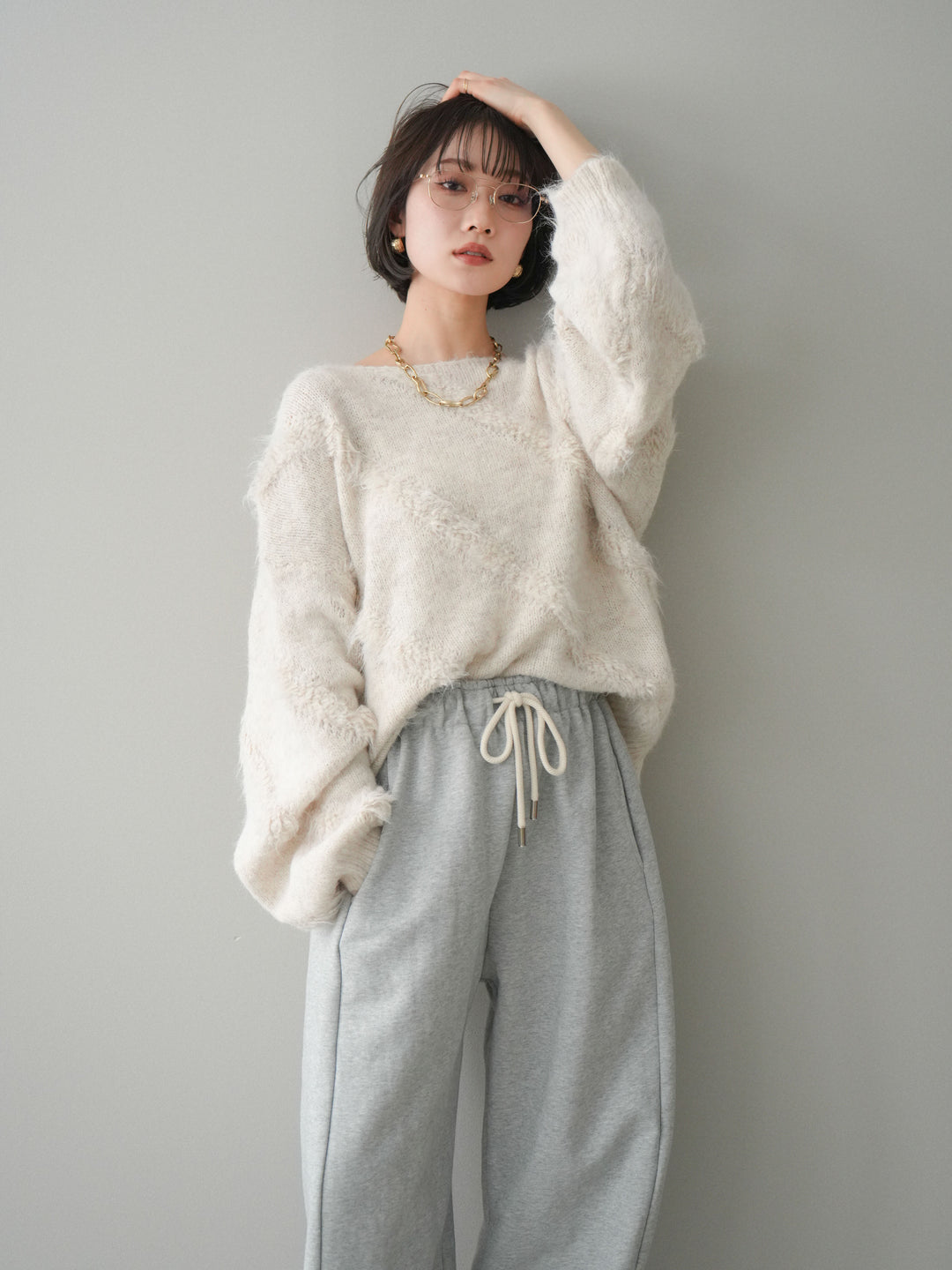 [SET]シャギーデザインニットプルオーバー+裾ZIPスエットワイドパンツ(2set)