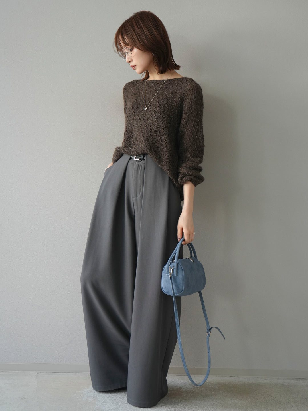 【着回しセット】[SET]求心柄クロップドニットカーディガン+異素材ミックスヤーンニットプルオーバー+ベルトループデザインワイドパンツ(3set)