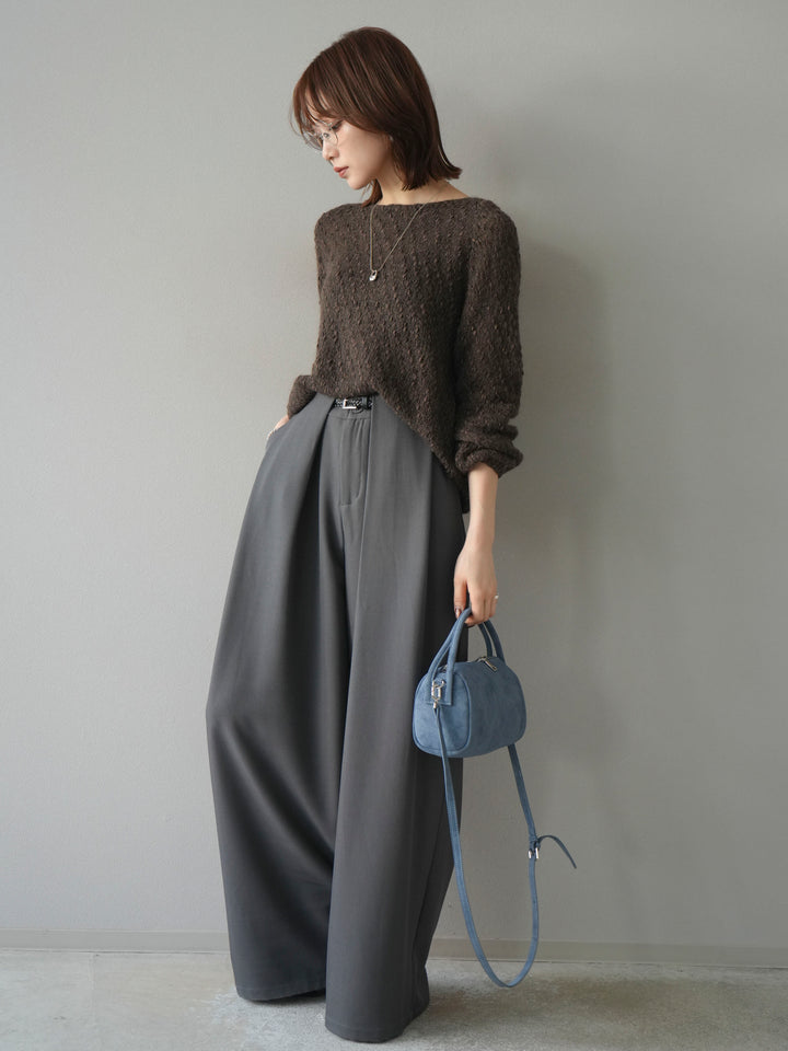 【着回しセット】[SET]求心柄クロップドニットカーディガン+異素材ミックスヤーンニットプルオーバー+ベルトループデザインワイドパンツ(3set)