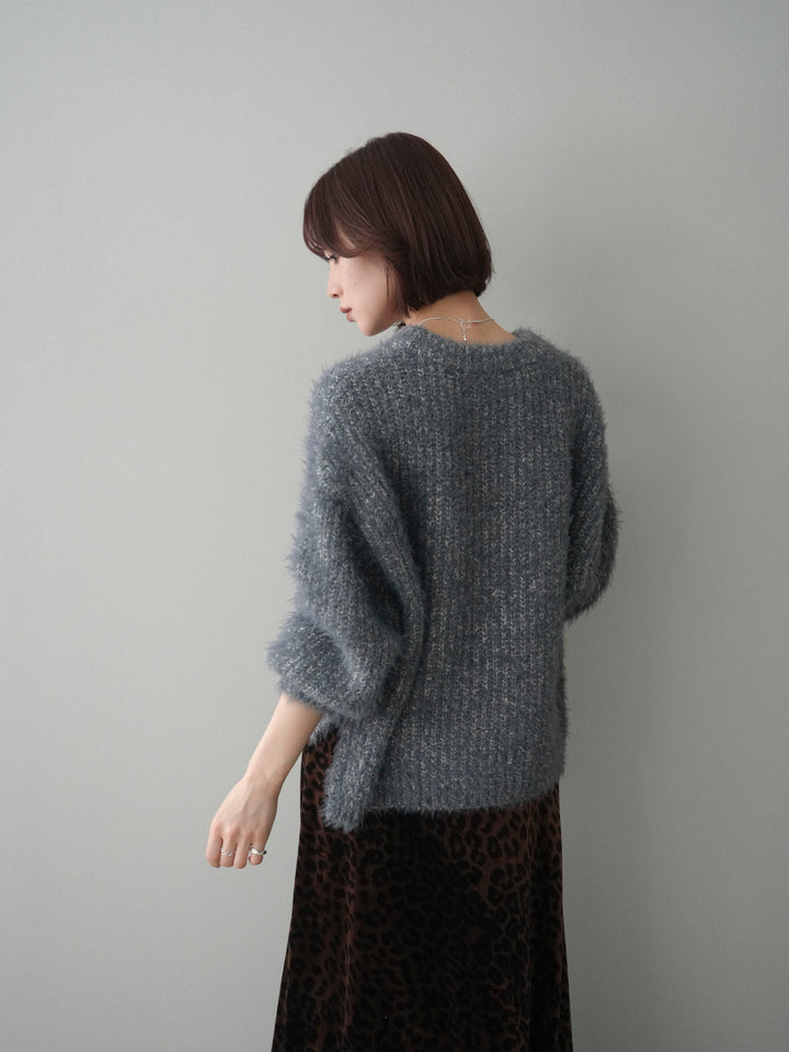 [SET]ボリュームスリーブシャギー MIXニットプルオーバー+レオパードベロアナロースカート(2set)