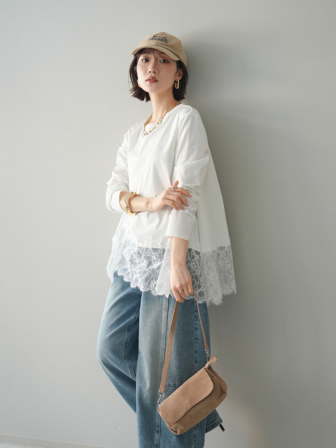 [SET]裾レースロングスリーブTシャツ+選べるアクセセット(2set)