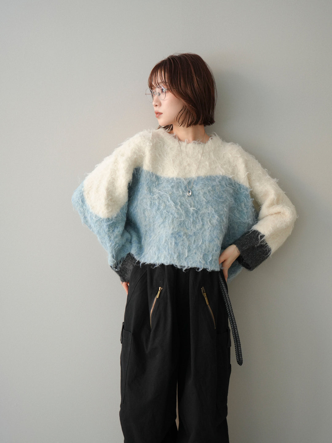 [SET]バイカラーモヘアタッチニットプルオーバー+コットンタックループパンツ(2set)