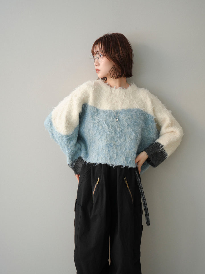 [SET]バイカラーモヘアタッチニットプルオーバー+コットンタックループパンツ(2set)