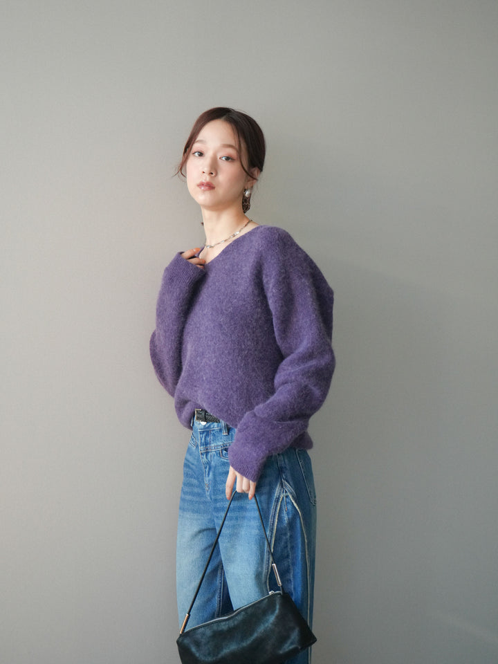 [SET]シュシュ付きアンゴラタッチVネックニットプルオーバー+サイドフリンジワイドデニムパンツ(2set)