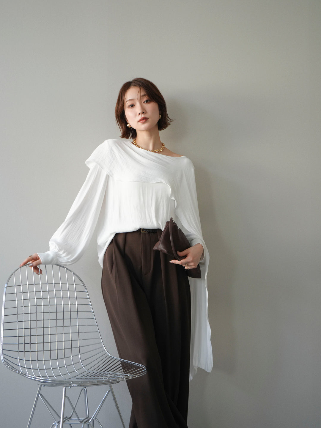 [予約]シルキードレープブラウス/white