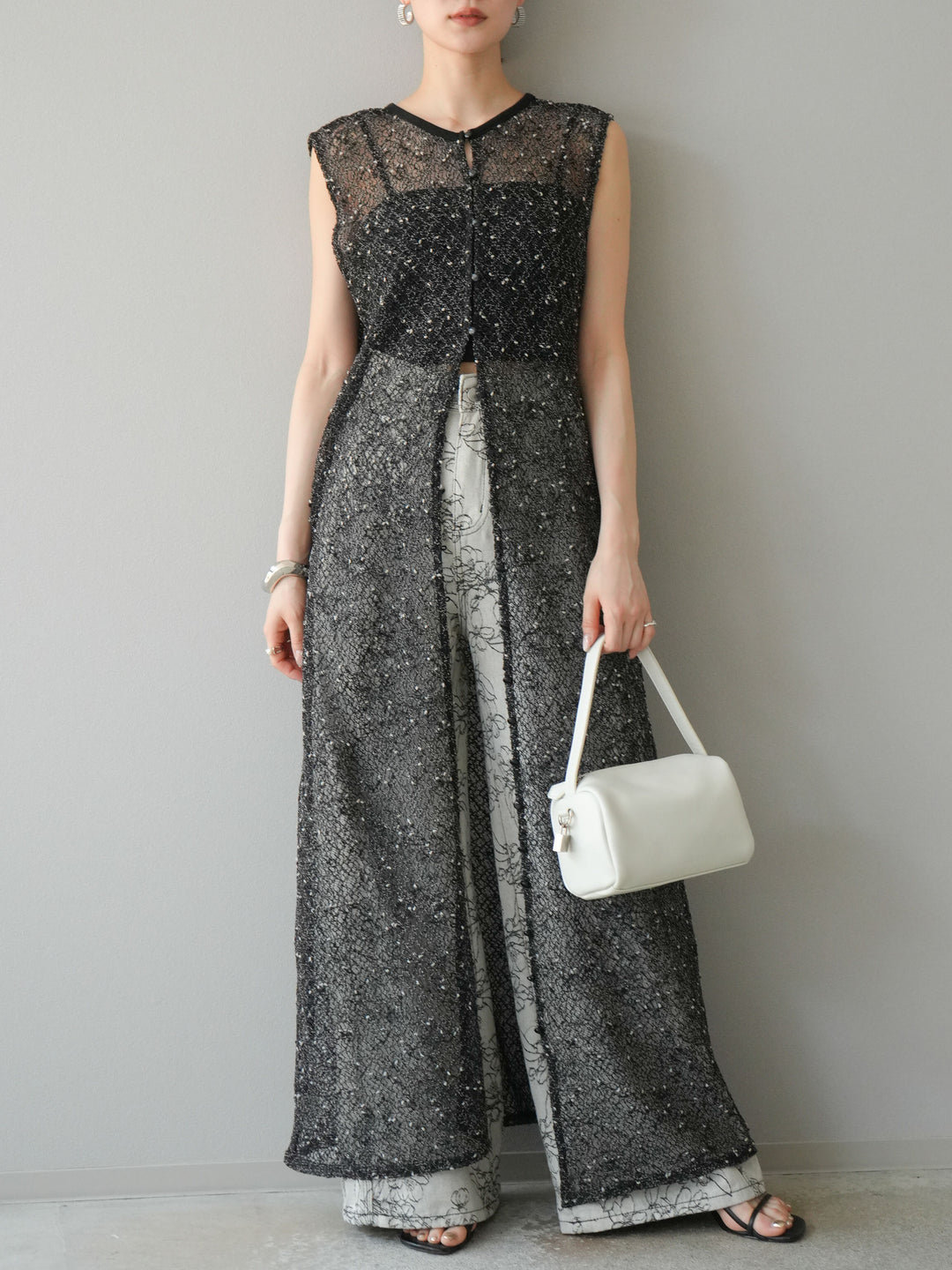 【預購】花朵提花牛仔寬褲/黑