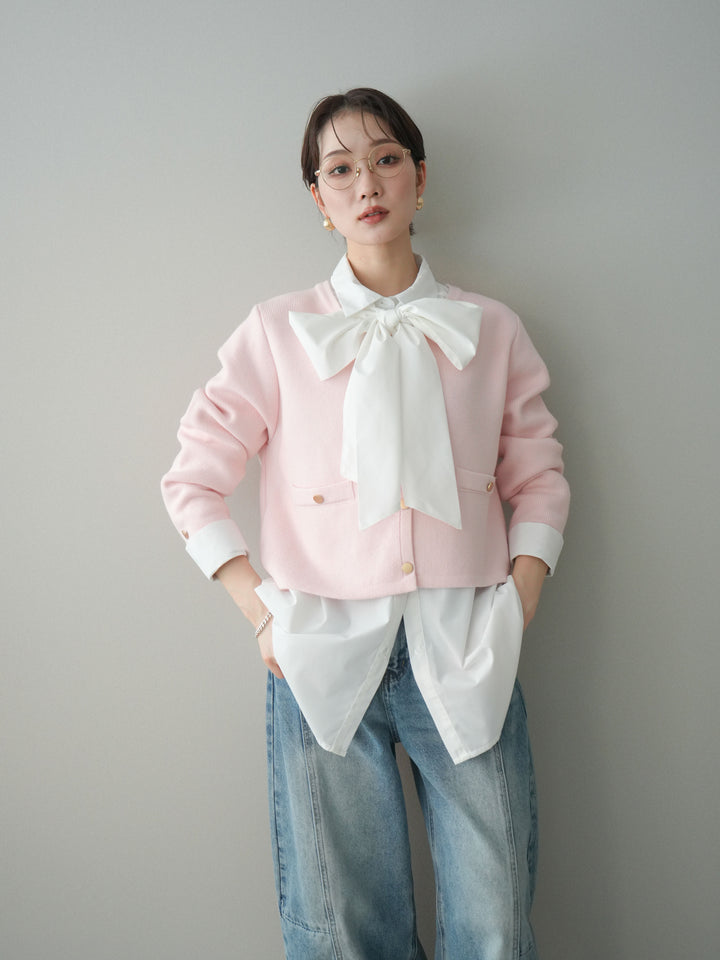 [SET]ゴールドボタンノーカラーニットジャケット+選べるアクセセット(2set)