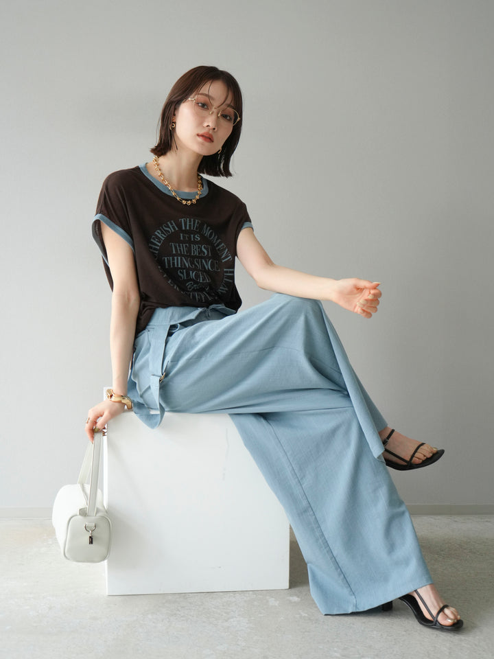 [SET]ストリングデザインハイウエストサロペット+シアーフライス ロゴプリントT (2set)