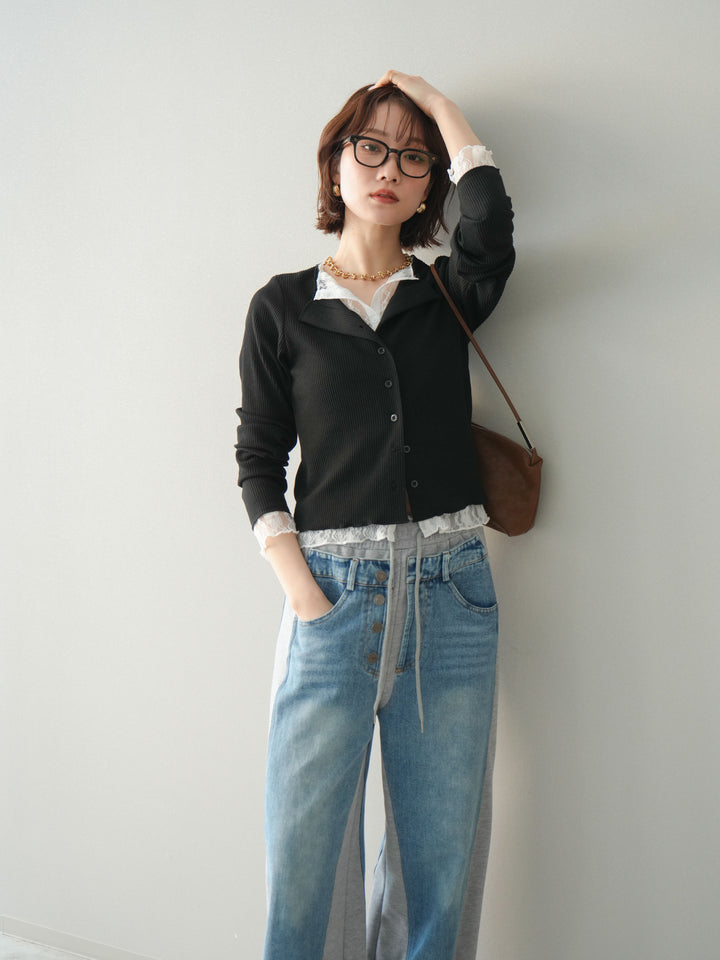 [SET]レースドッキングテレコリブカーディガン+デニム切替スウェットパンツ(2set)