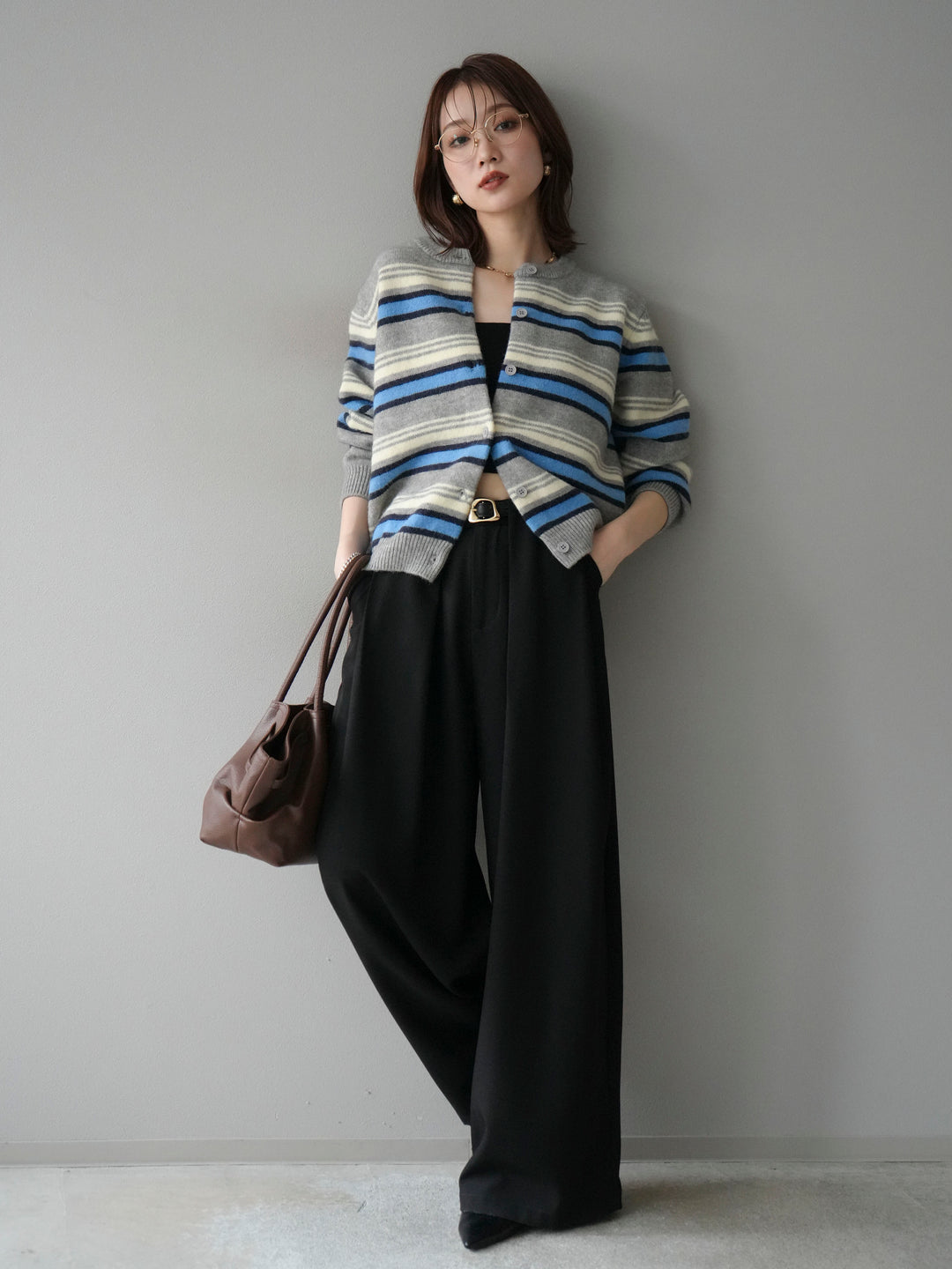 [SET]マルチボーダーニットカーディガン+ベルトループデザインワイドパンツ(2set)