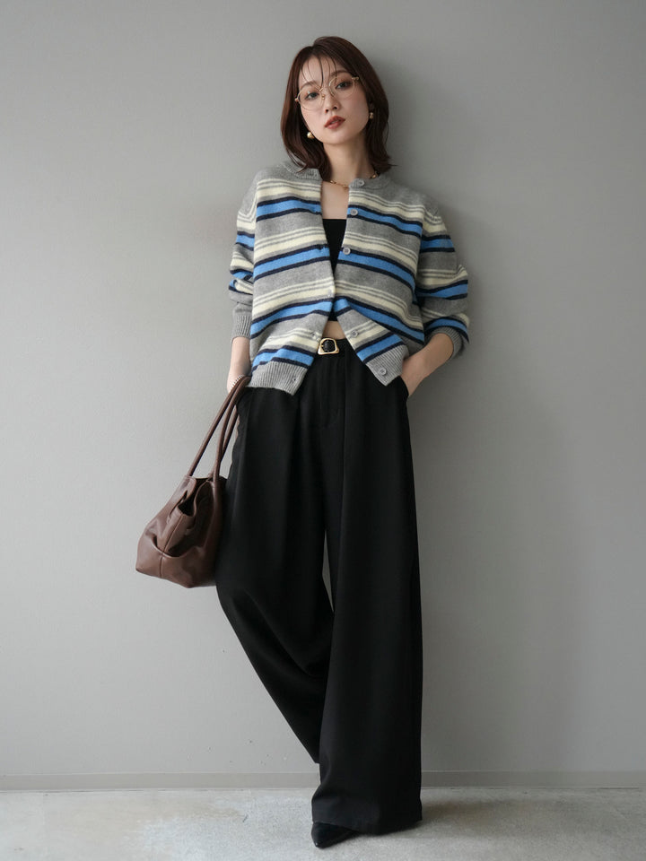 [SET]マルチボーダーニットカーディガン+ベルトループデザインワイドパンツ(2set)