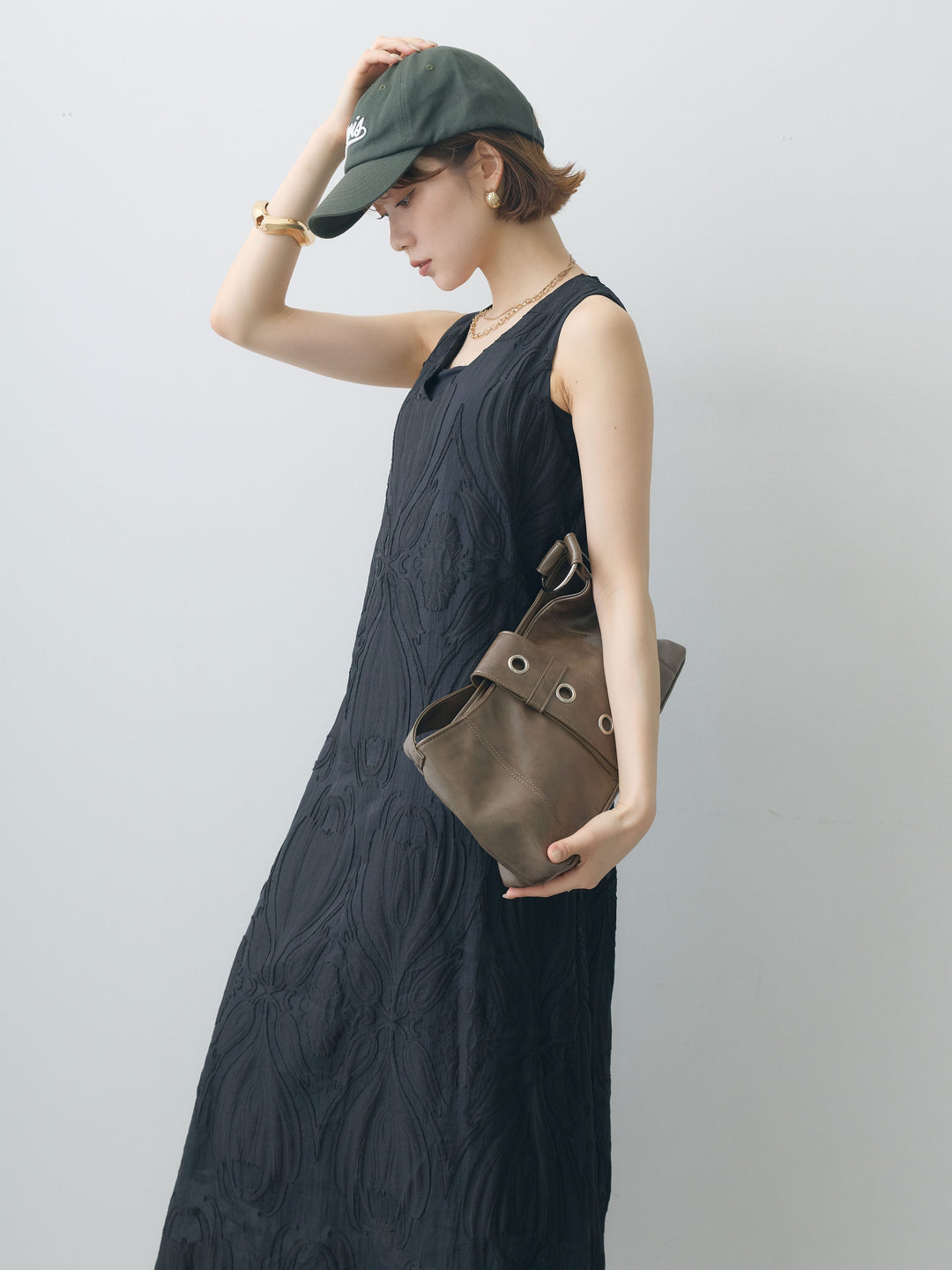 [予約]Vネックシアージャガードノースリワンピース/black