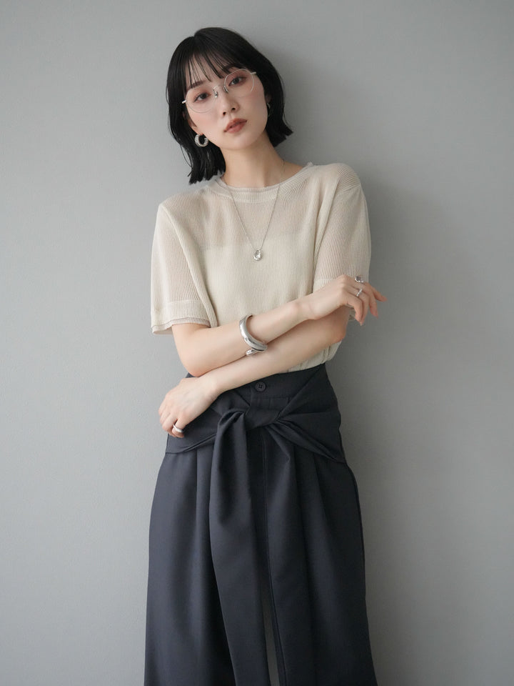 [SET]リネンタッチ配色二重臼ハーフニットトップス+ウエスト巻きデザインワイドパンツ(2set)