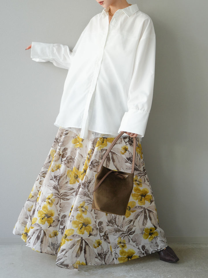 [予約]フラワープリントボリュームフレアスカート/イエロー