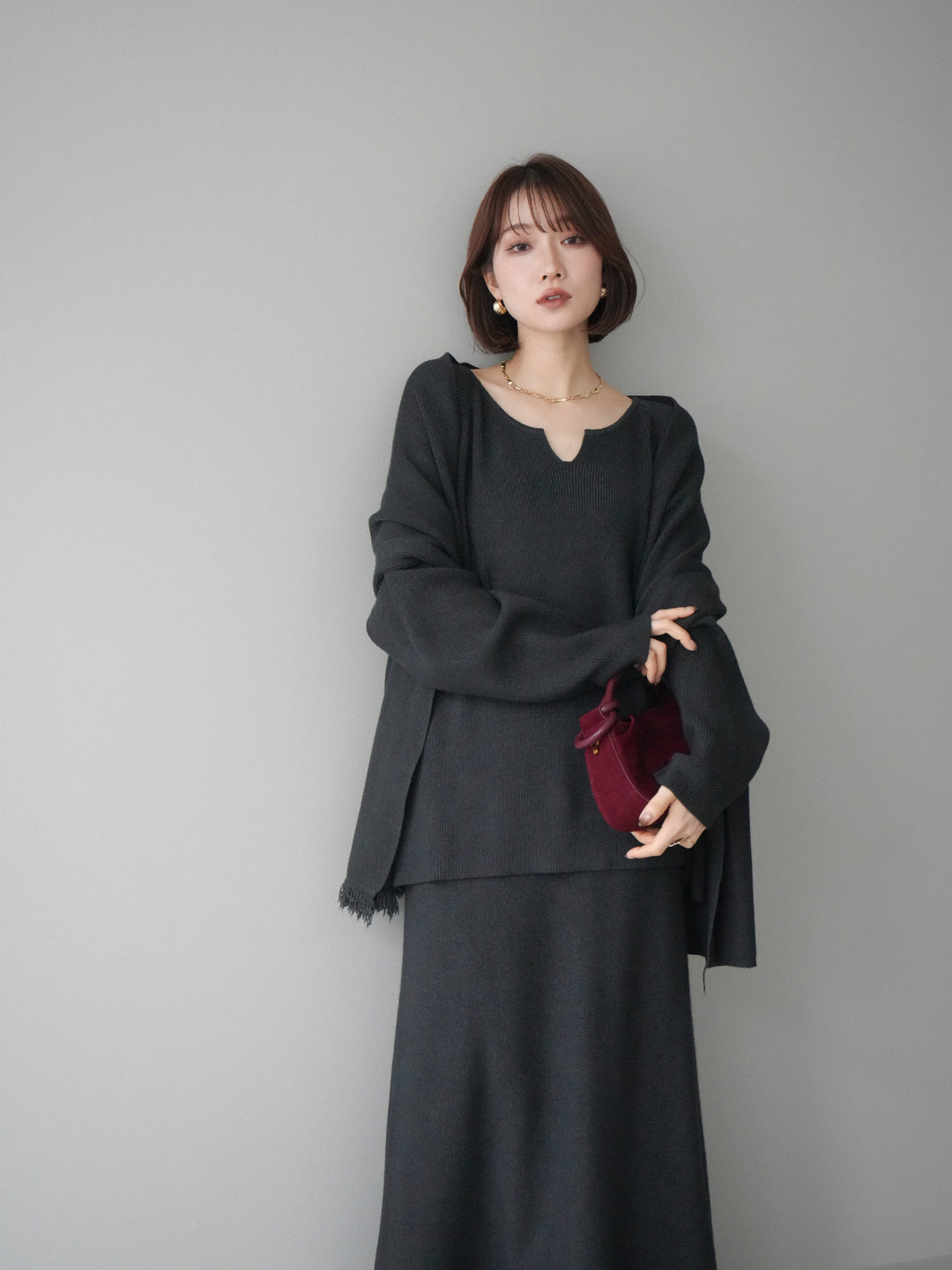 [SET]ストール付キーネックニットSET UP