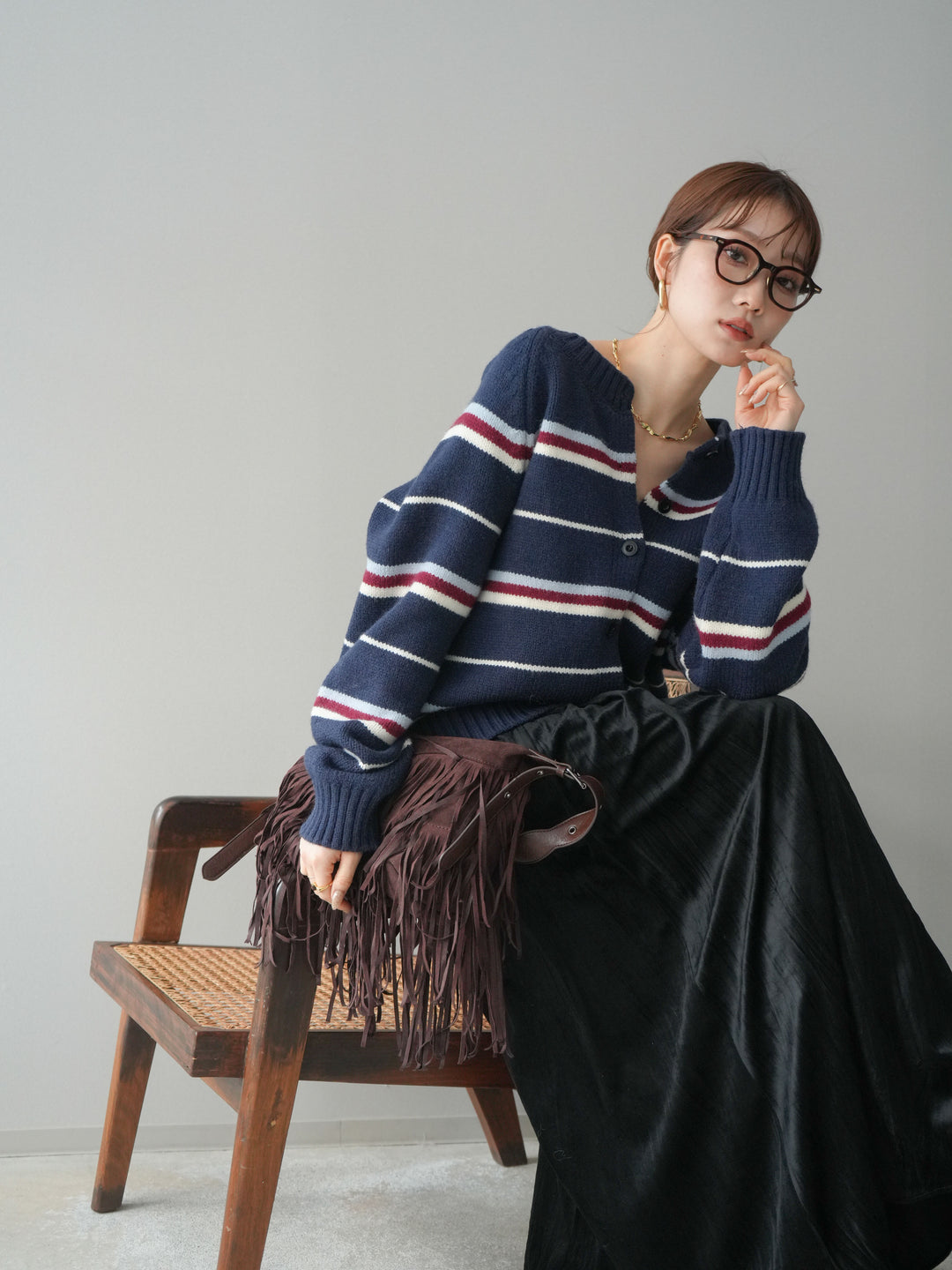 [予約]ランダムボーダーニットカーディガン/navy