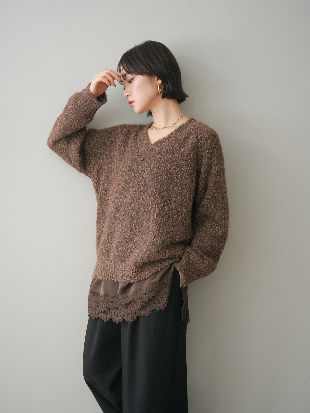 [SET]Vネックスラブニットプルオーバー+選べるアクセセット(2set)