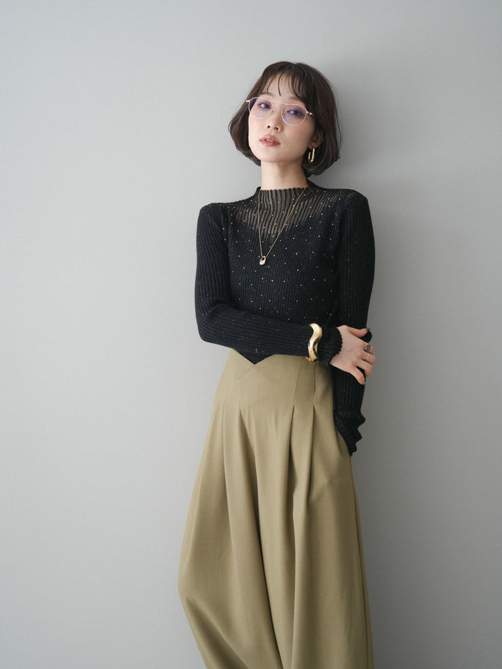 [予約]シアー切替スパンコールリブニットトップス/black