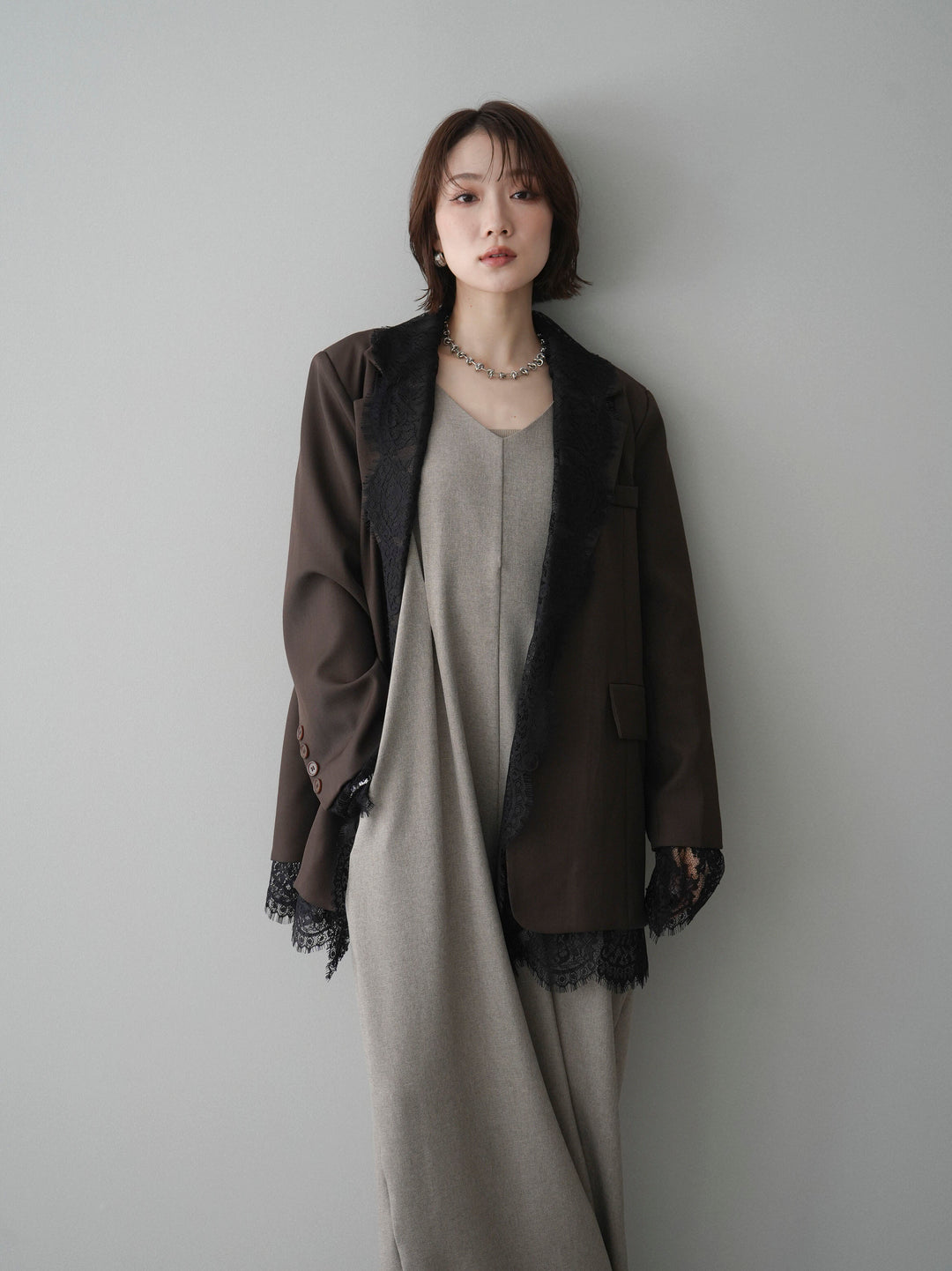 [予約]レースドッキングオーバージャケット/brown
