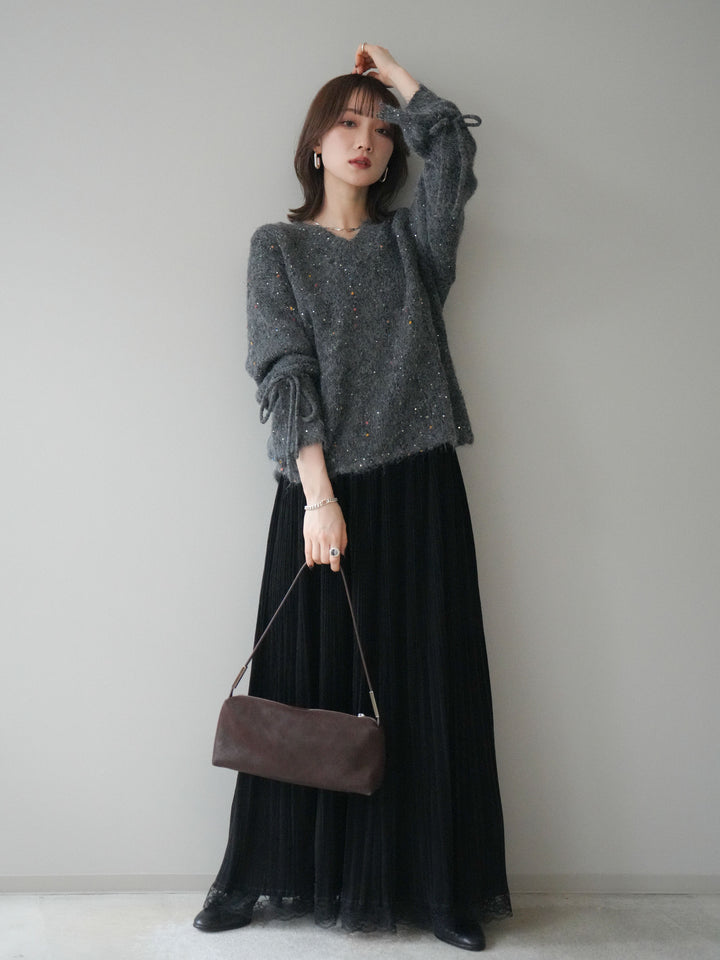 [SET]キャンディースリーブカラーネップスパンコールニットプルオーバー+裾レーススウェードプリーツマキシスカート(2set)