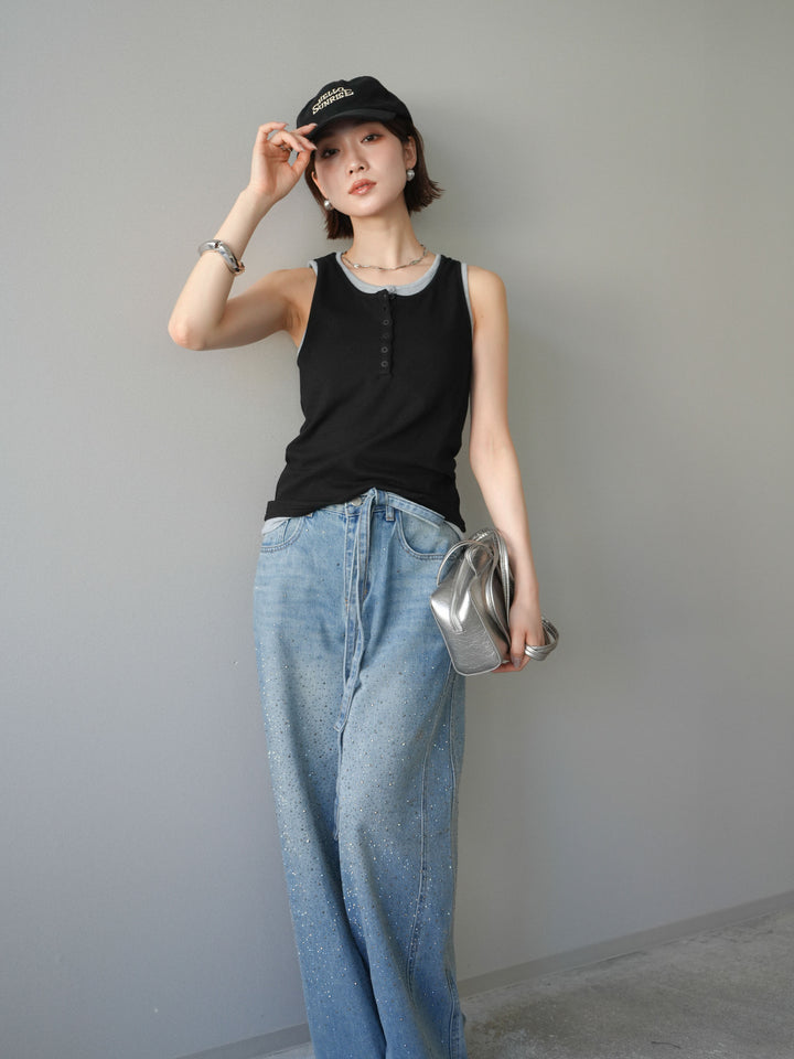 [SET]配色リブヘンリータンクトップ+ウエストベルトビジューワイドデニムパンツ(2set)