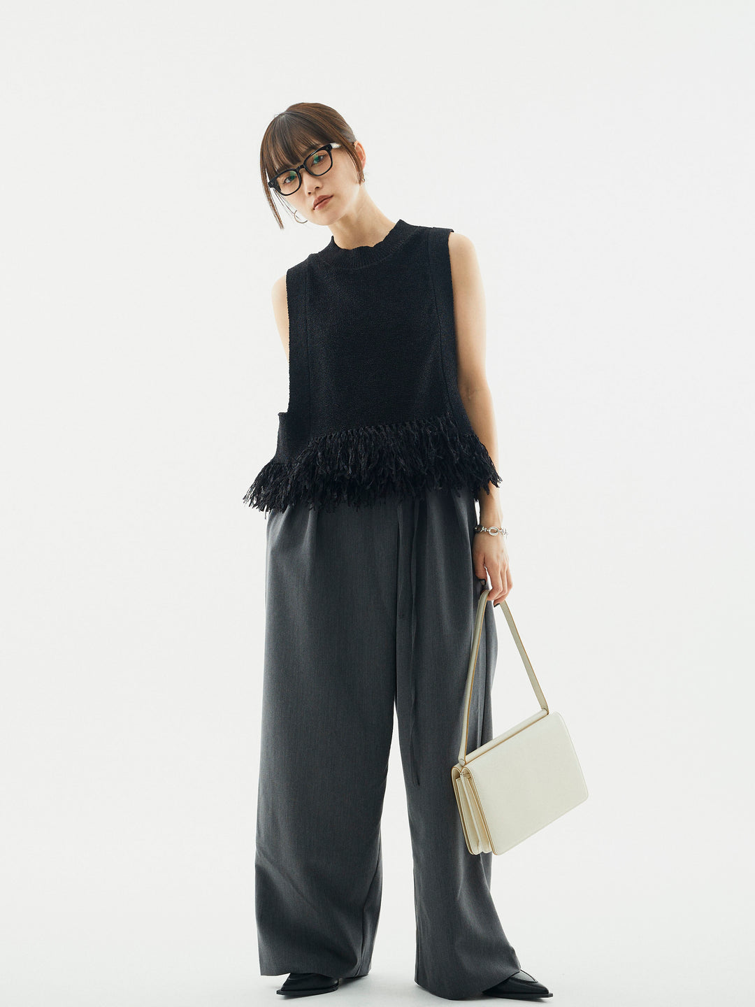 【Allure】[SET]フェザーヤーンニットベスト+ラップデザインタックワイドパンツ(2set)