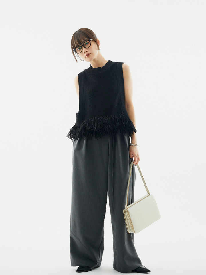 【Allure】[SET]フェザーヤーンニットベスト+ラップデザインタックワイドパンツ(2set)