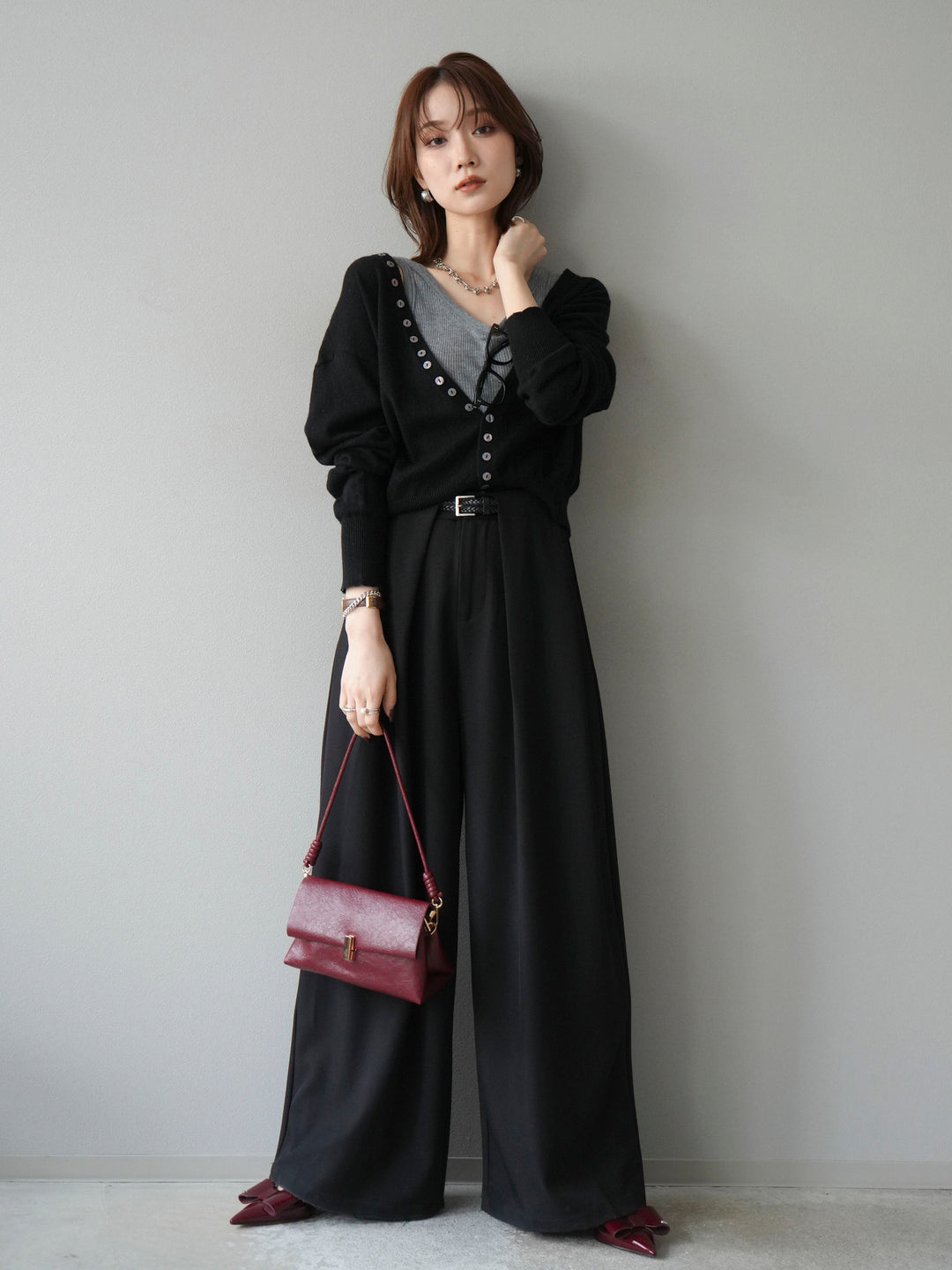 [SET]デザインボタンニットカーディガン＆タンクトップSET+ベルトループデザインワイドパンツ(2set)