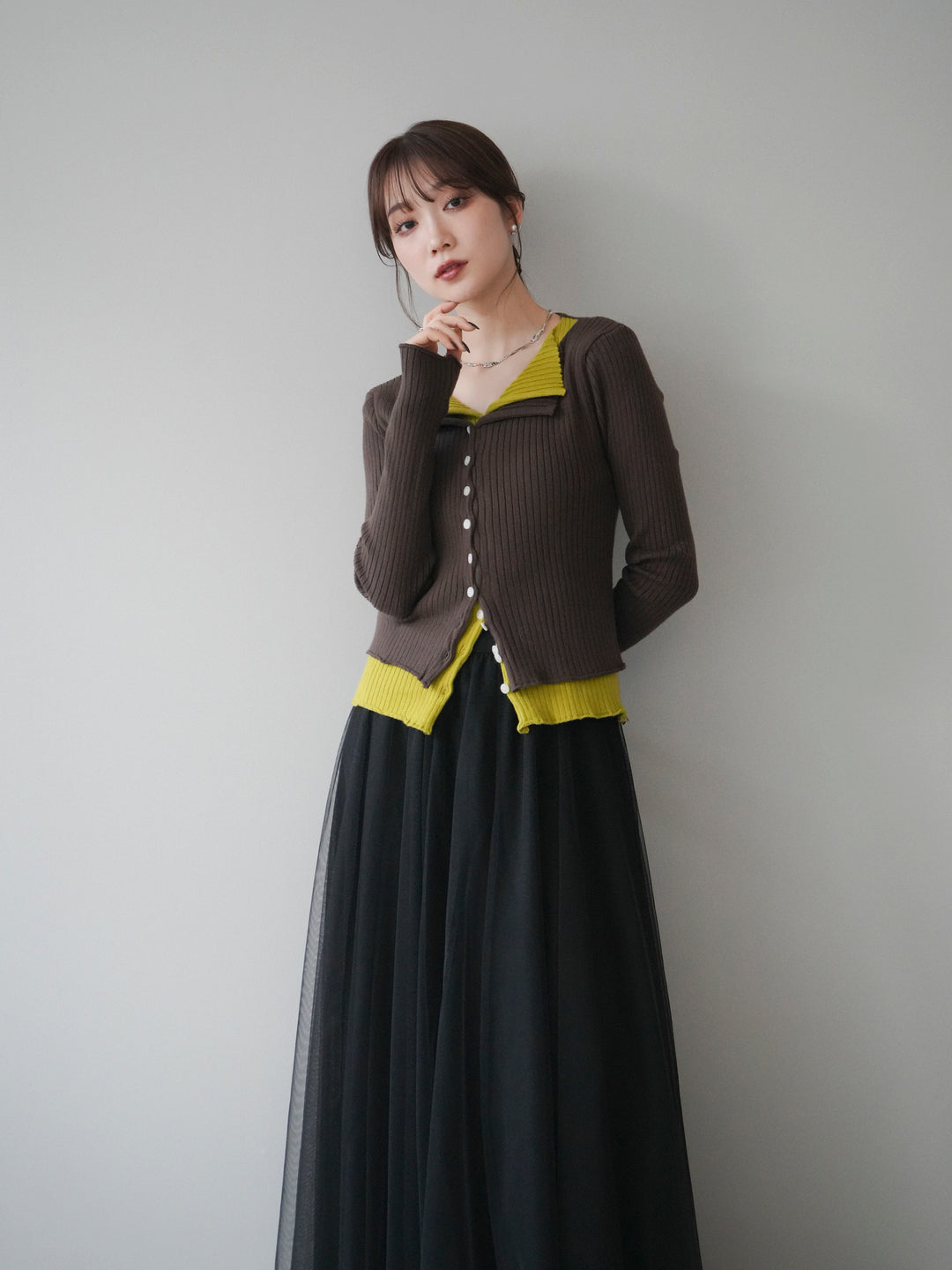 [予約]配色レイヤードリブニットカーディガン/brown