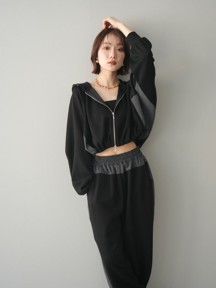 [予約]バイカラー異素材ライトポンチクロップドZIPフーディー/black