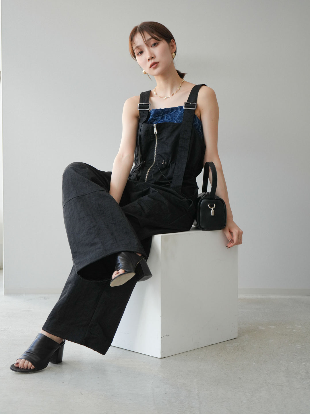 [予約]ナイロンタックデザインサロペット/ブラック