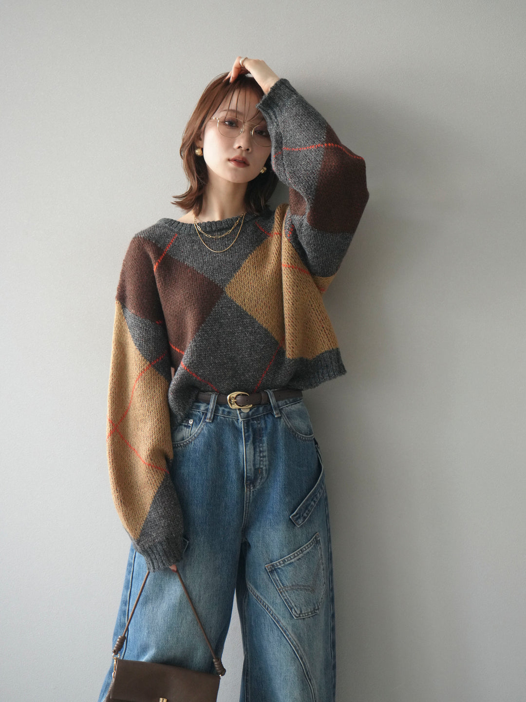 [SET]配色ステッチアーガイル柄ニットプルオーバー+配色ステッチアーガイル柄ニットプルオーバー(2set)