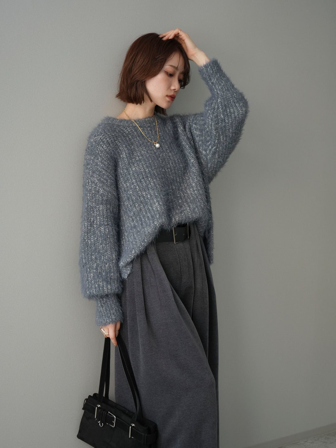 [予約]ボリュームスリーブシャギー MIXニットプルオーバー/charcoal