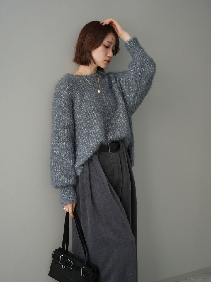 [予約]ボリュームスリーブシャギー MIXニットプルオーバー/charcoal