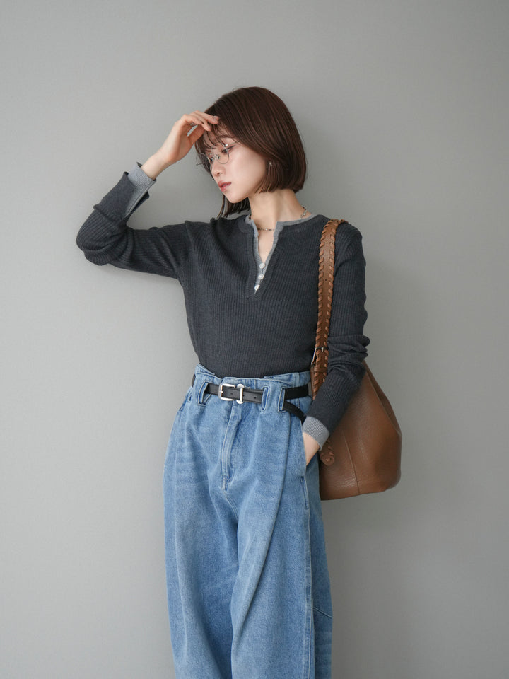 [SET]バイカラーキーネックリブニットトップス+ハイウエストベルトループデザインデニムパンツ(2set)