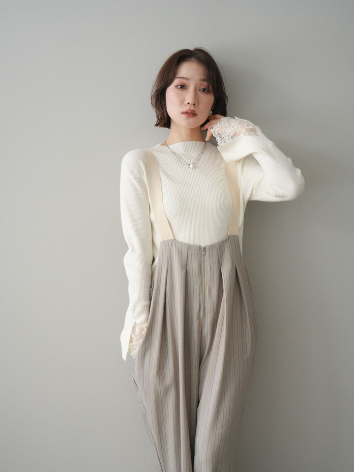 [SET]袖スカラップレースオフネックニットトップス+グログランテープストライプサロペット(2set)