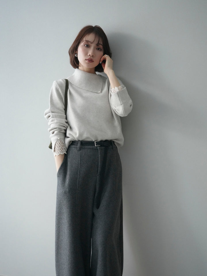 [SET]袖レースパール付き配色ニットトップス+ウールタッチカーブパンツ(2set)