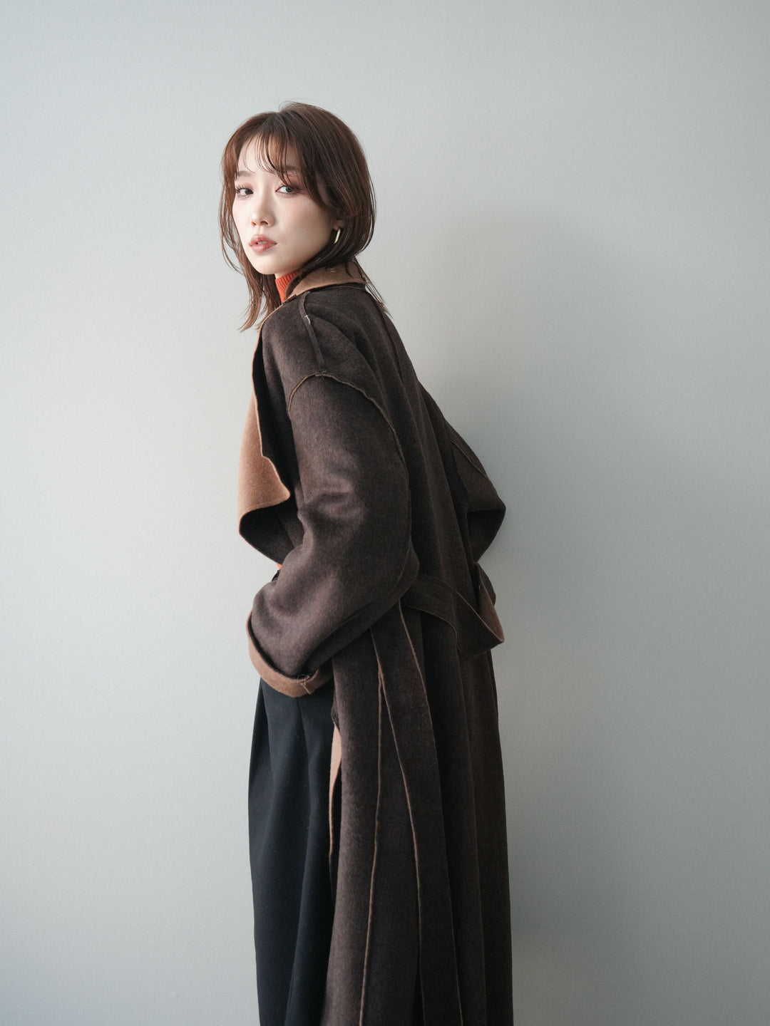 [予約]ダブルフェイスバイカラーロングコート/brown