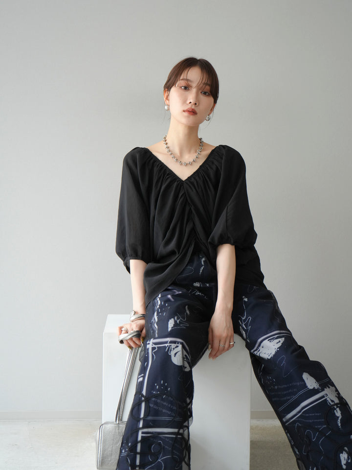 [SET]ボリュームスリーブシアータックブラウス+コード刺繍チュールレイヤードパンツ(2set)