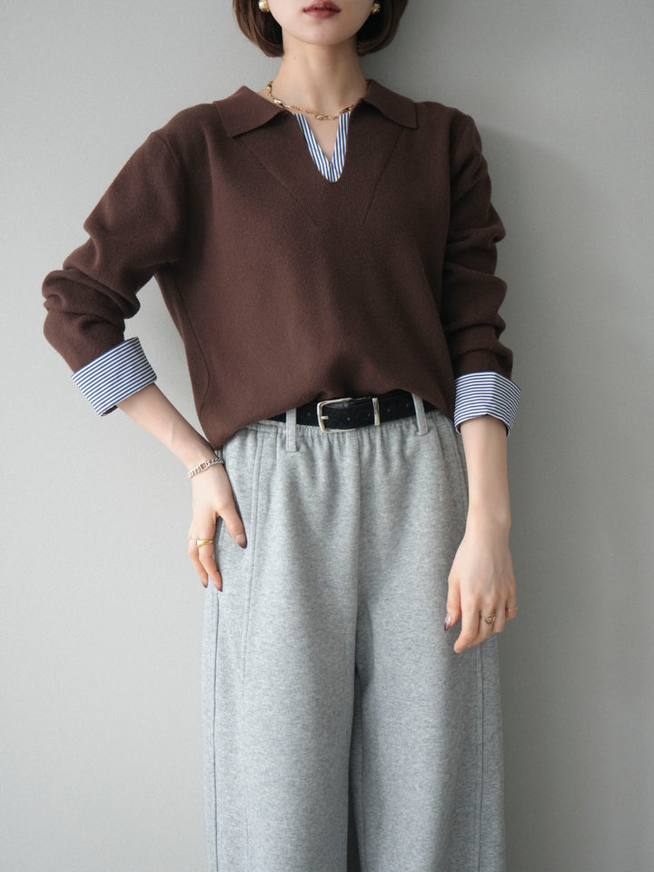 [予約]シャツレイヤードスキッパーニットプルオーバー/brown