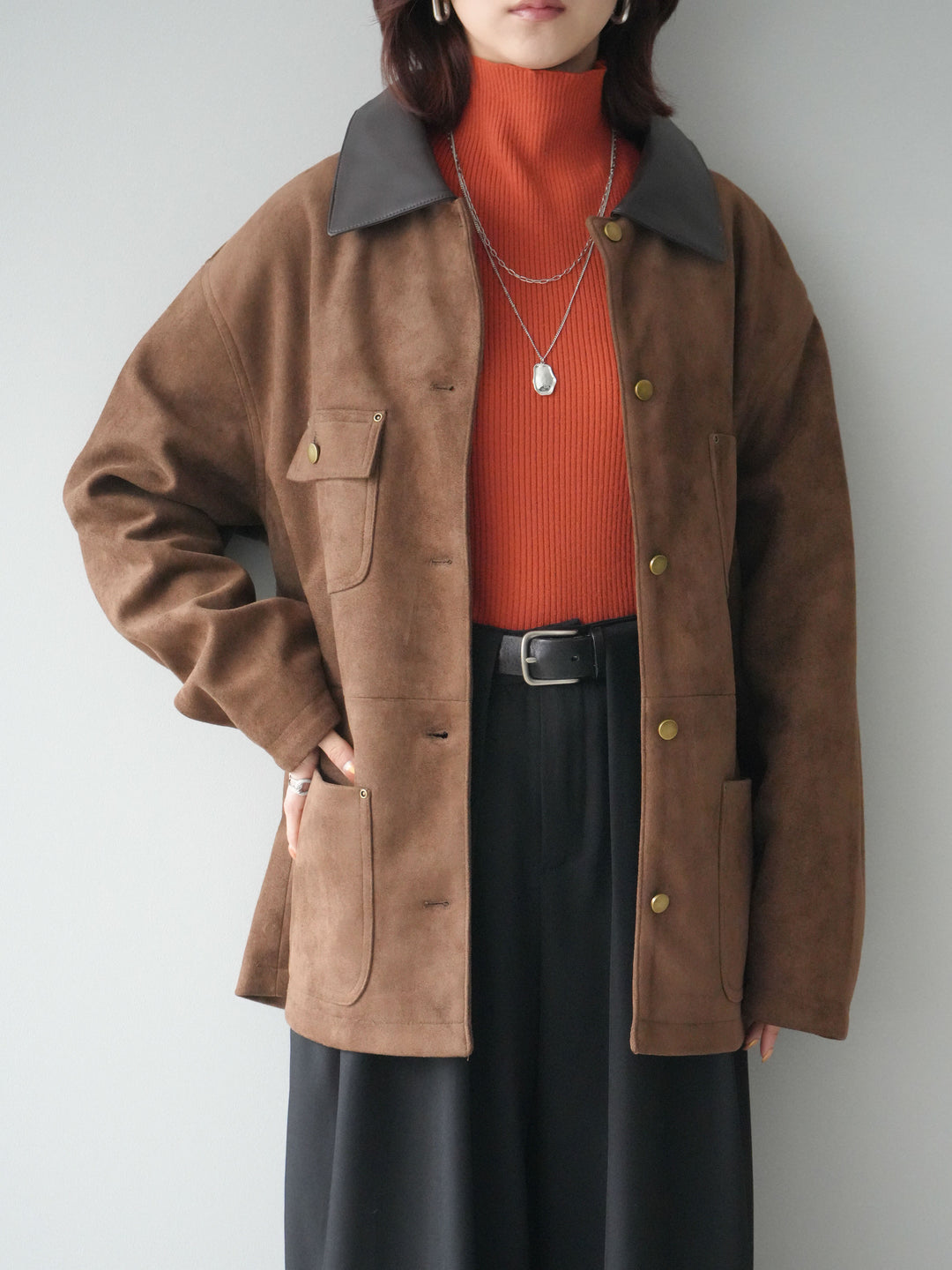 [SET]襟レザーステンカラースエードジャケット+袖ボタンボトルネックリブニットトップス+ベルトループデザインワイドパンツ(3set)